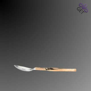 Rising Moon dessert spoon side view with copper colored stainless steel twisted handle coated with Titanium Nitride