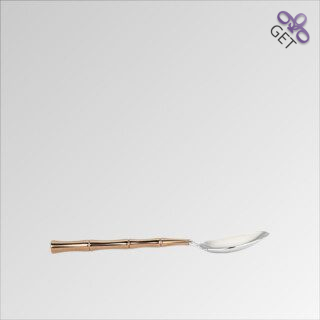 Dessert spoon 45°view of Royal Bamboo collection, stainless steel bamboo shape handle, coated with copper colored Titanium Nitride