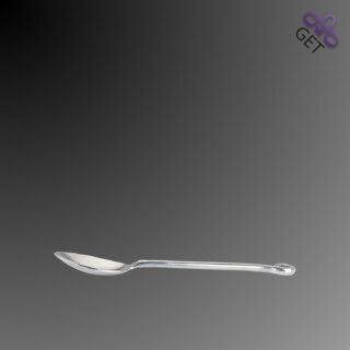 Side view of Swirl Silver dessert spoon, round high polished handle ends in a delicate swirl