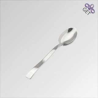 45°view of dessert spoon The Emperor softly waved high polished stainless steel handle