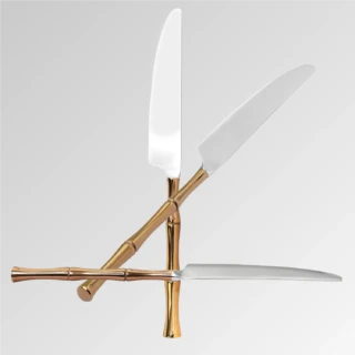 All views of stainless steel Royal Bamboo dinner knife copper color Titanium Nitride coating on bamboo shaped handle