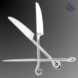 All views of Swirl Silver dinner knife high-polished finish stainless steel. round handle with swirl at end