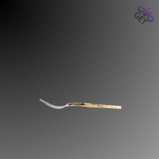 Side view of cake fork with twisted, gently hammered, square, copper colored Titanium Nitride coated handle