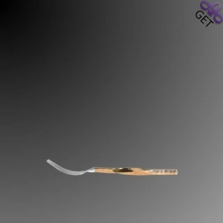 Side view of dessert fork with twisted, gently hammered, square, copper colored Titanium Nitride coated handle