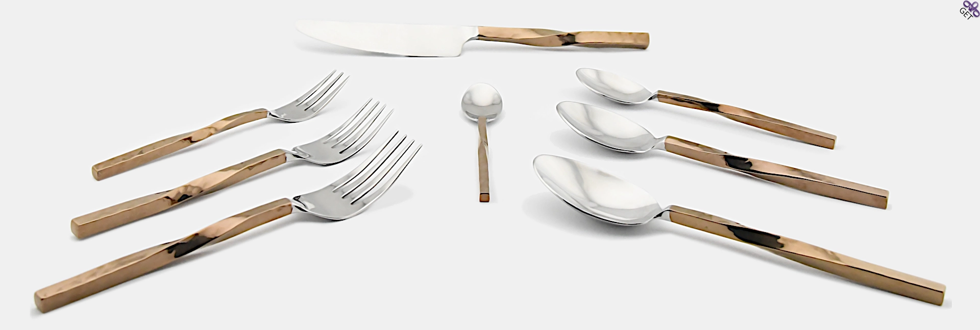Rising Moon flatware collection, square, twisted, softly hammered copper colored handles